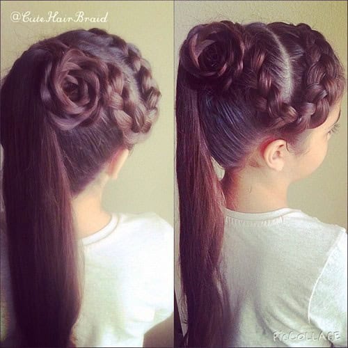 Side loop braid with braided flower ponytail