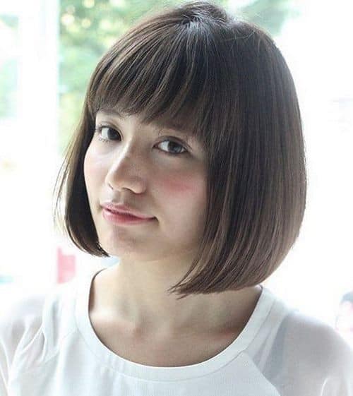 Brown Curved Bob with Blunt Fringe