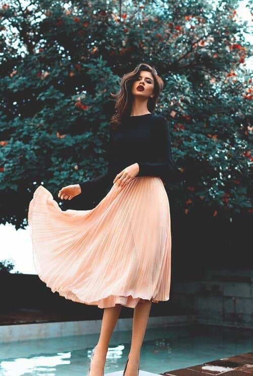 Pink Pleated Skirt with Black Top