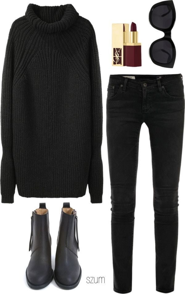 Long black cable knit turtleneck sweater with matching jeans