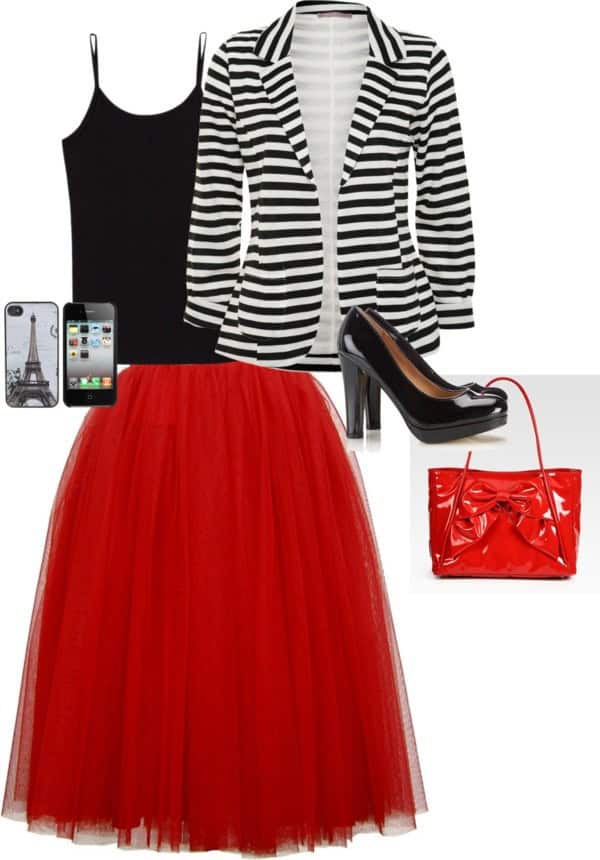 Solid pleated tulle skirt, tank and striped blazer