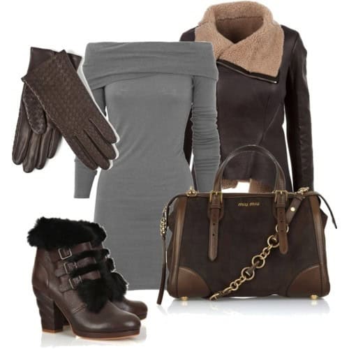 Grey off-the shoulder knit dress with brown aviator leather jacket