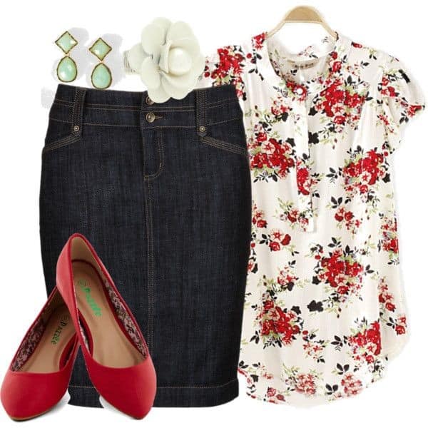 Floral blouse and blue jean skirt