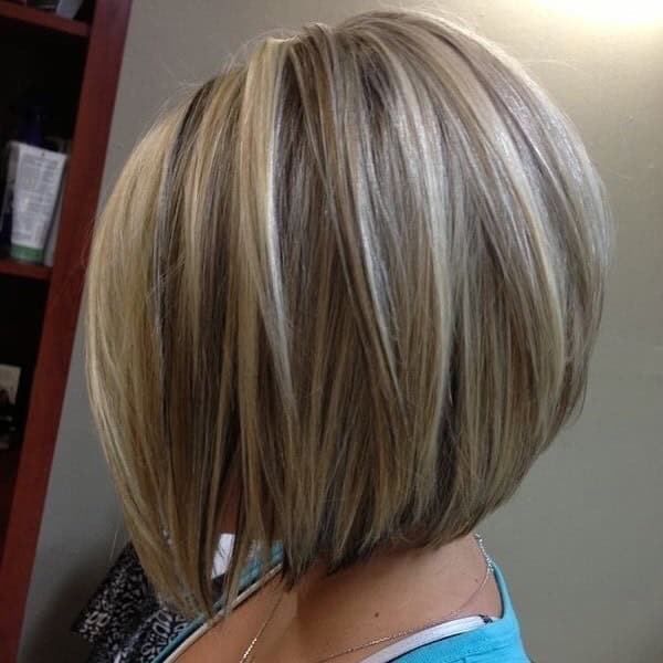 Long stacked bob with lots of blonde highlights