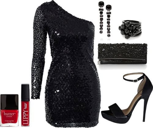 Black sequin one-shoulder dress and matching clutch