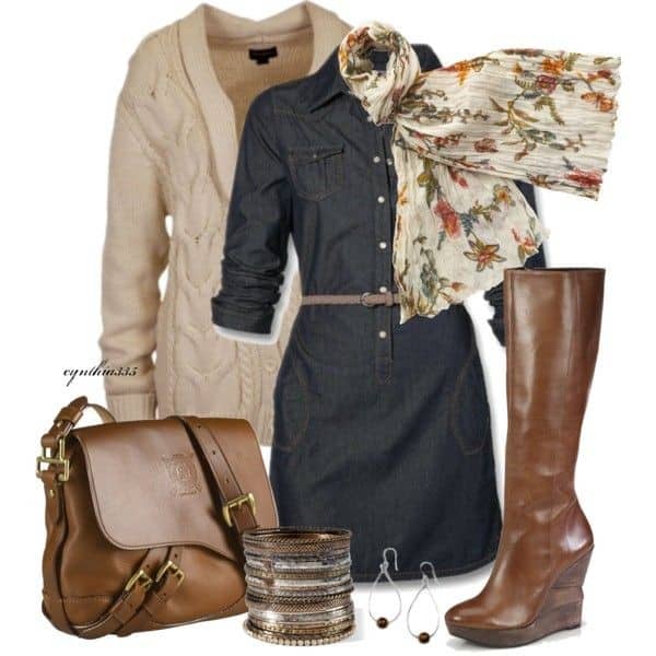 Jean dress and button down cable knit sweater (with floral scarf)