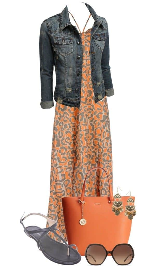 Orange printed halter maxi dress and denim jacket