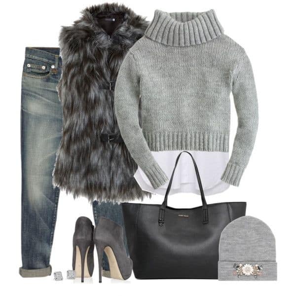 Turtleneck, skull cap and black and grey fur vest