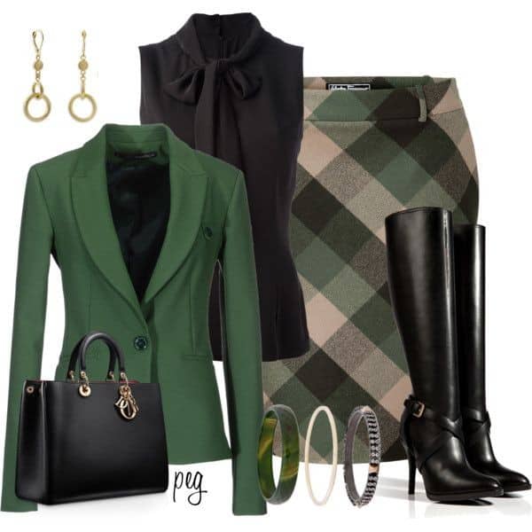 Sleeveless blouse, blazer and plaid pencil skirt