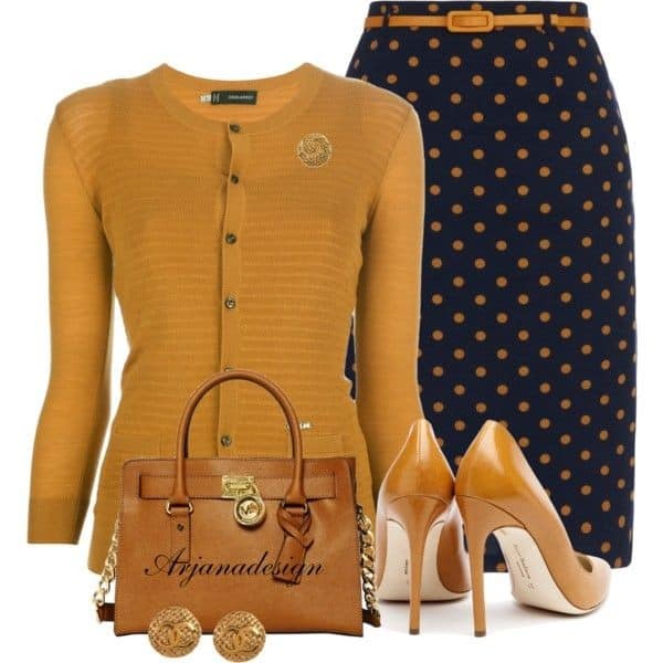 Fall Polyvore outfits – Caramel cardigan and brown-and-black polka dot pencil skirt