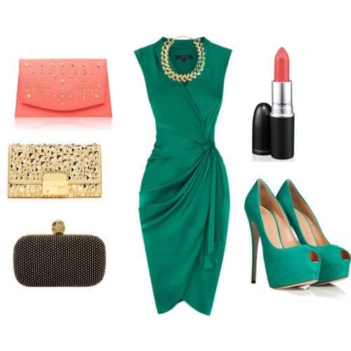 Emerald green wrap dress and matching suede pumps