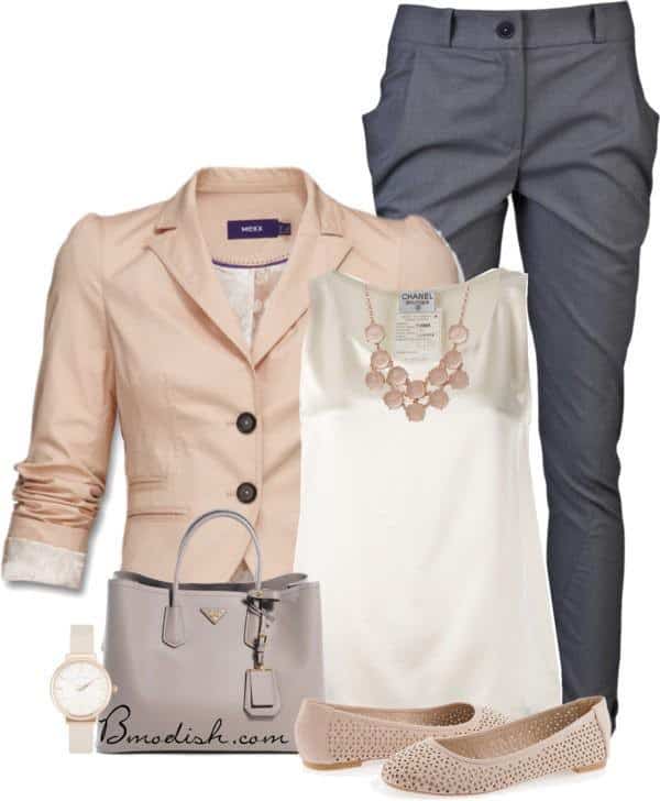 Grey pants, light peach blazer and off-white tank top