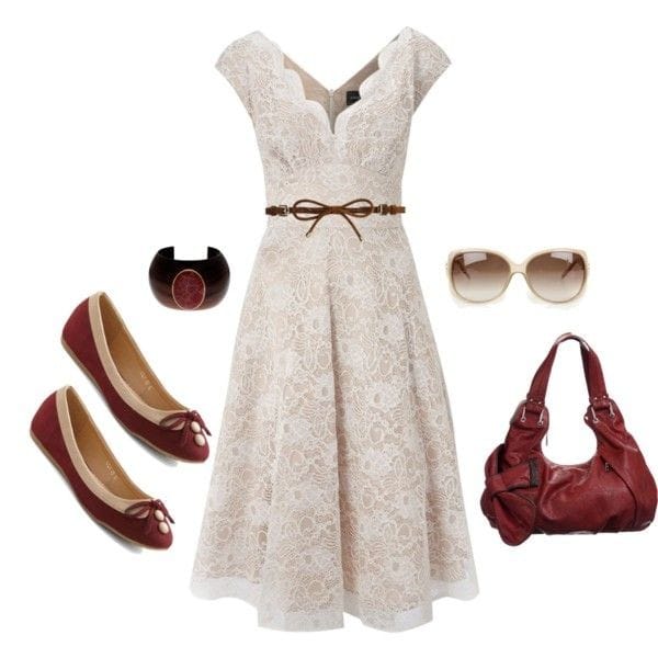 White lace dress with red accessories