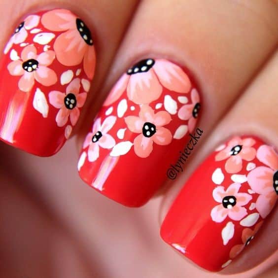 Red Floral Nail Design