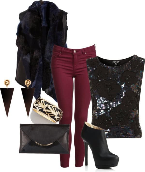 Black beaded top, Marsala skinny jeans and dark blue sleeveless faux fur jacket