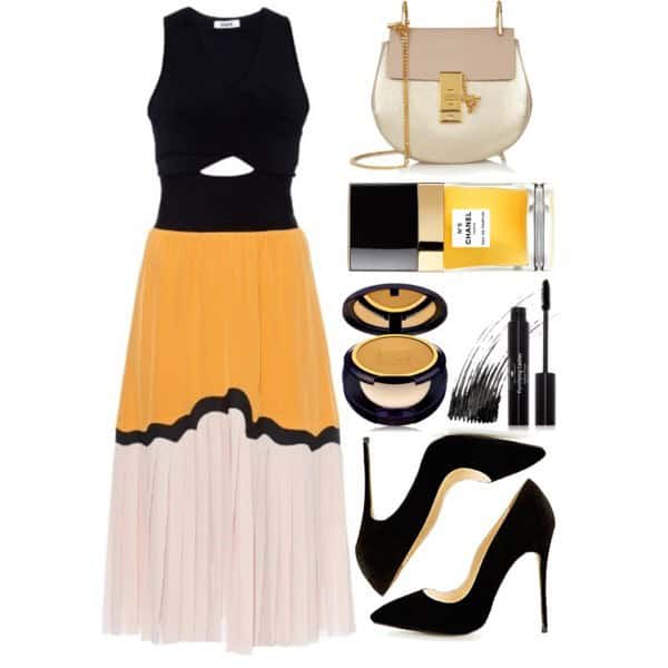 Pleated strapless cutout dress and pumps