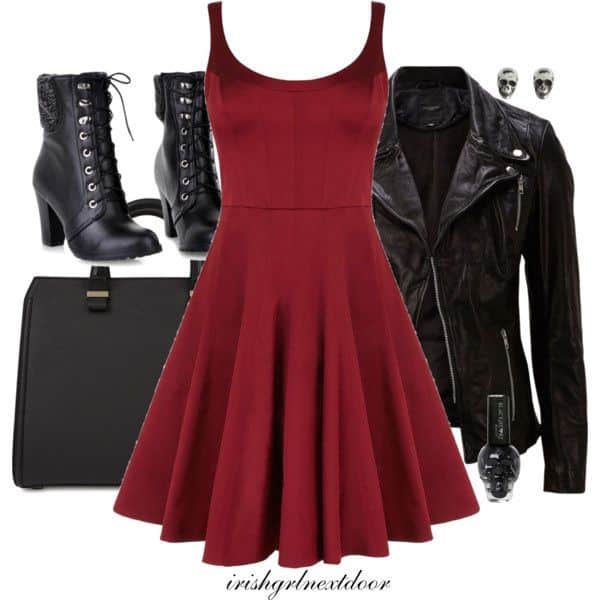 Red skater dress and black leather accessories