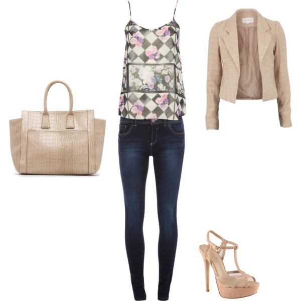 Dark jeans, printed camisole and solid short blazer