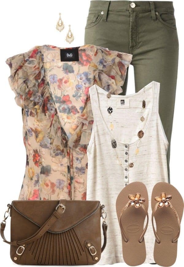 Floral ruffled blouse, button down tank and khaki stretch jeans