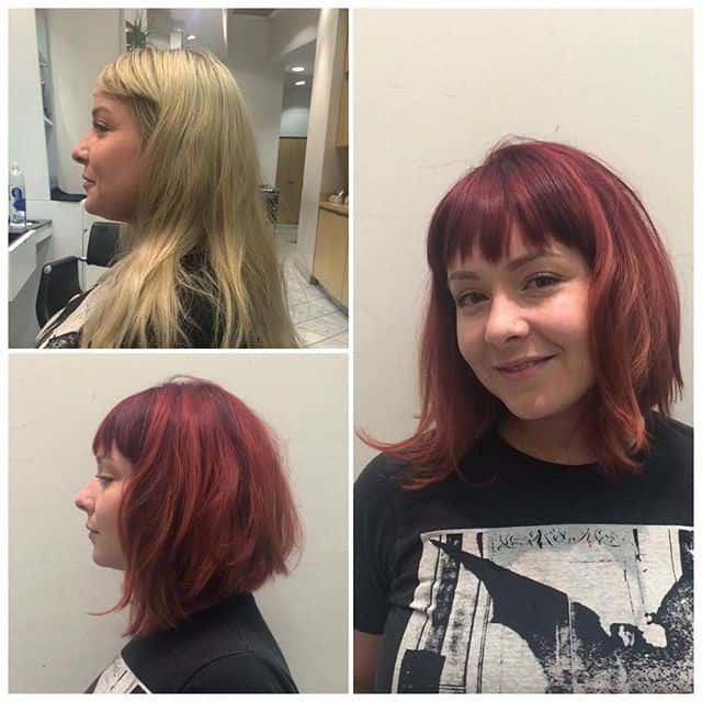 Red-on-top-of-red graduated lob with bangs