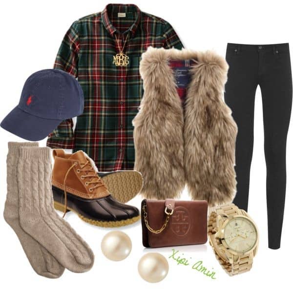 Plaid shirt, baseball cap, hiking boots and light brown faux fur vest