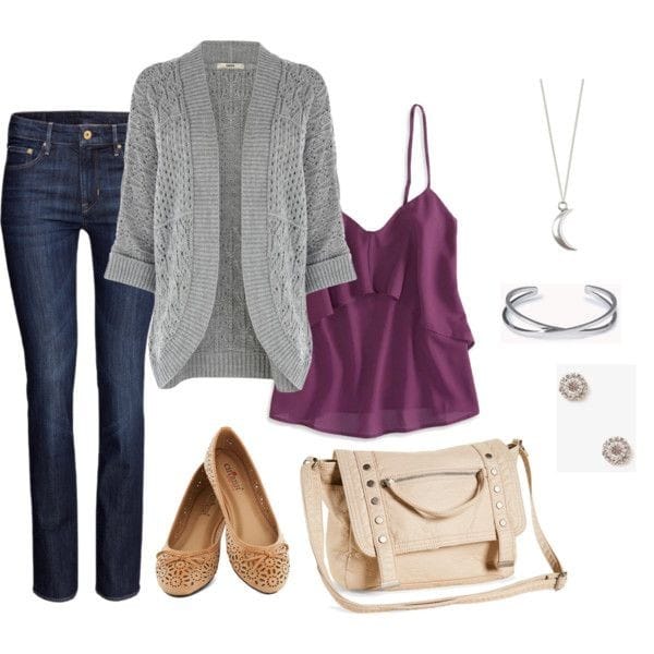 Casual Fall Outfits – Grey cardigan, plum camisole and jeans