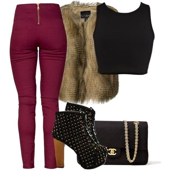 Skinny jeans, midi tank and brown fur vest