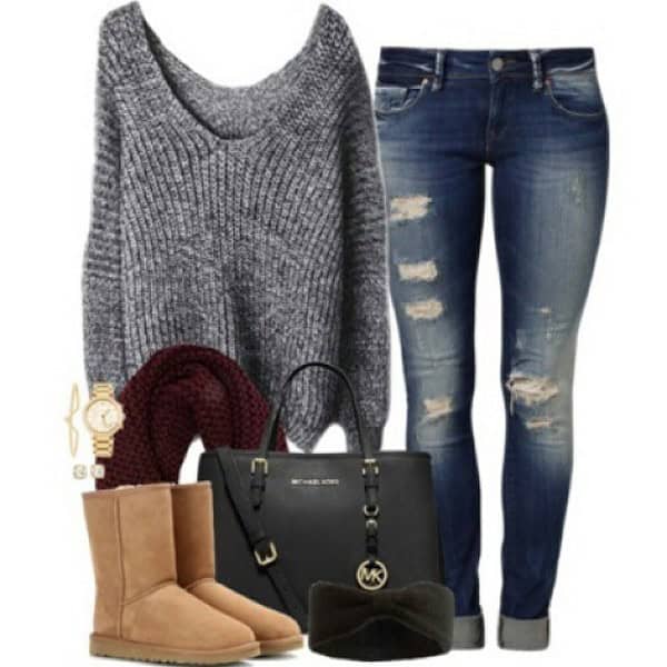 Stormy weather scoop neck sweater with distressed jeans