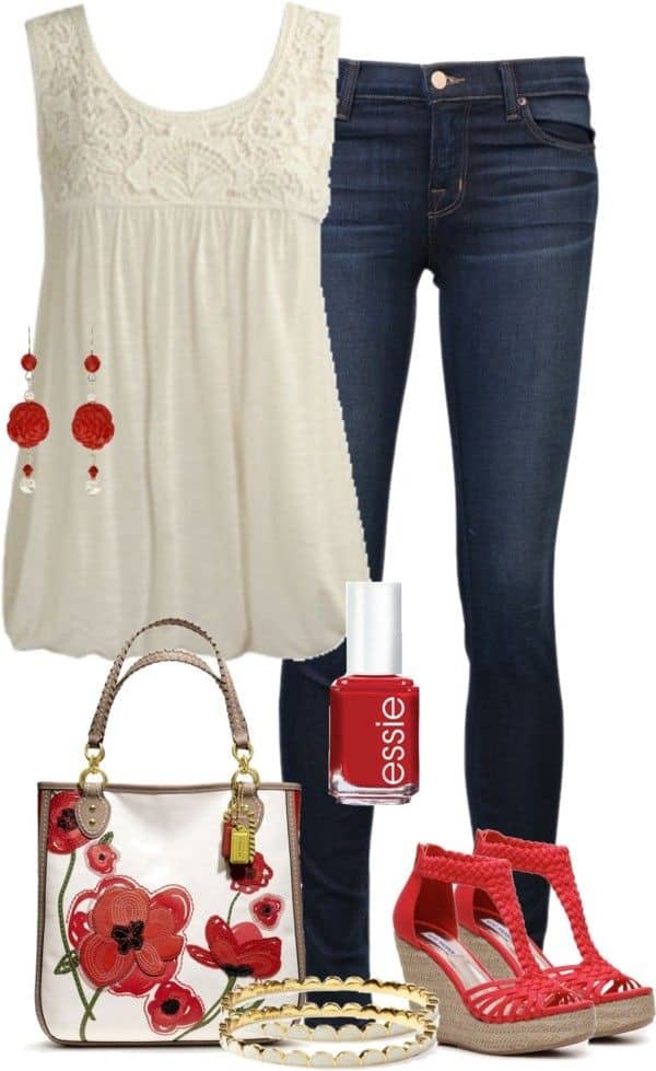 White flowing tank, jeans and red wedges