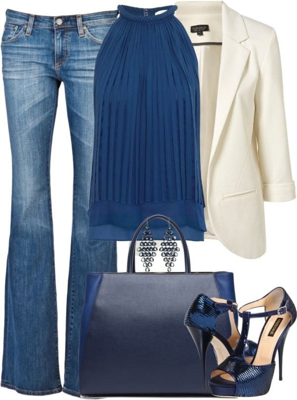 Pleated halter top, blazer and jeans