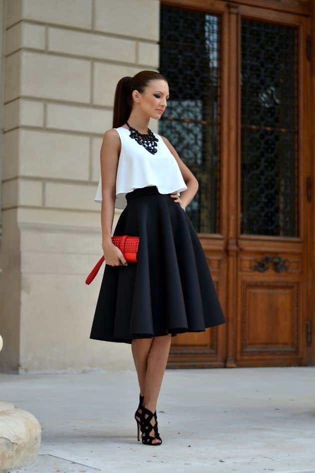 White top with a black flare skirt