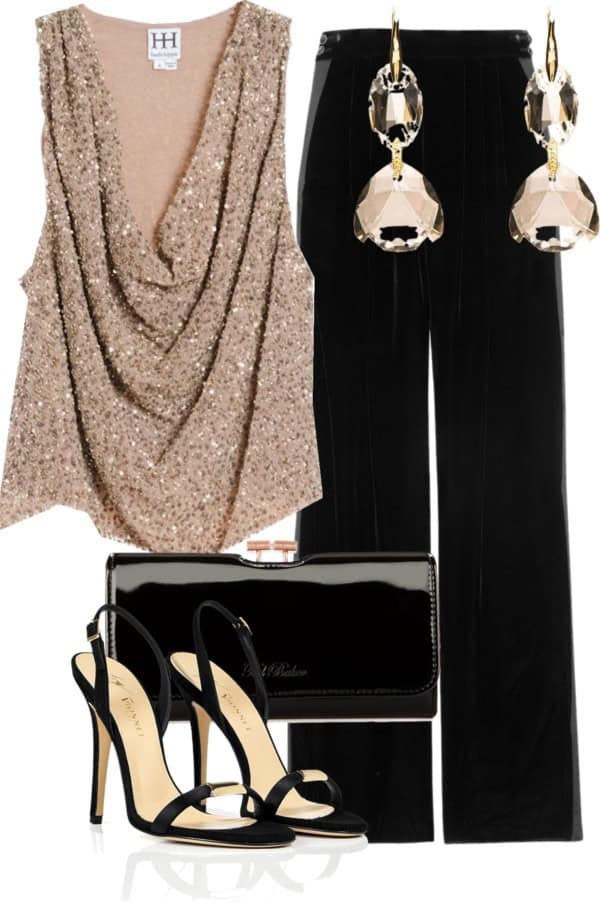 Glittery deep V-neck sleeveless top and black straight leg pants