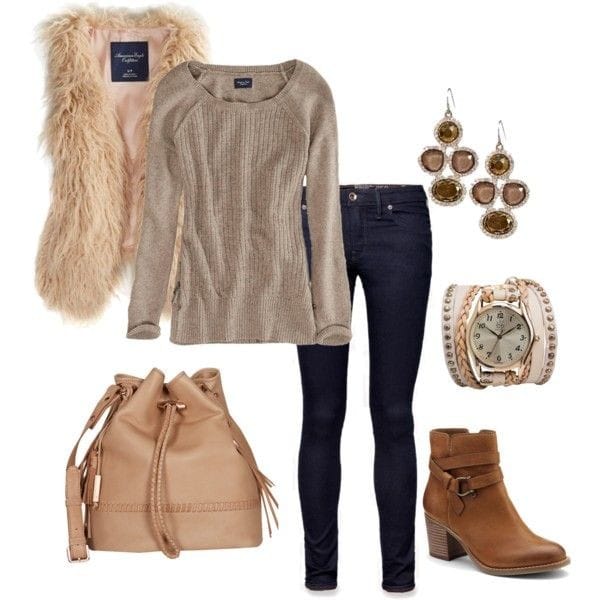 “Tans and browns” with tan faux fur vest