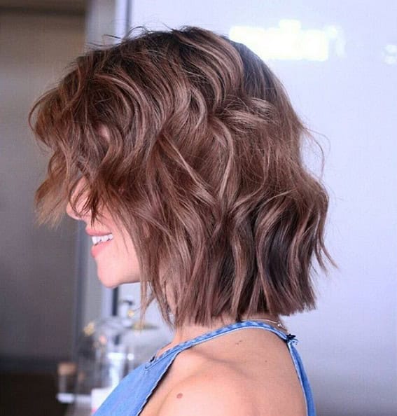 Wavy brunette choppy bob with blunt ends