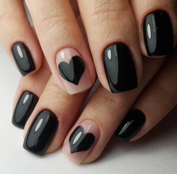 Glossy Black Nails with Heart Accent Nail