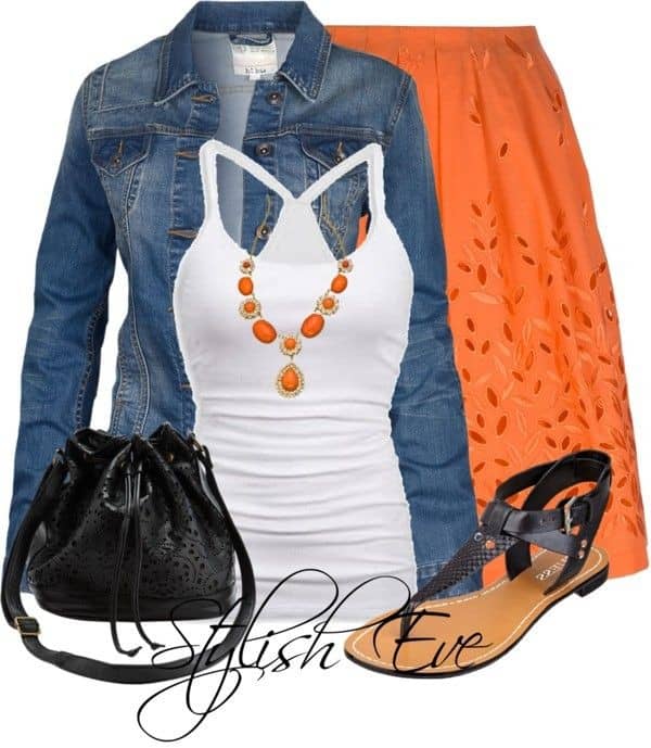 Orange skirt, white tank and jean jacket