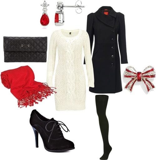 White sweater dress, black coat and red accessories