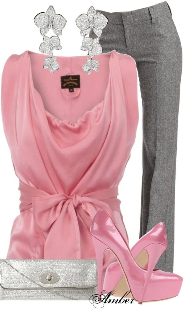 Pink silk blouse and grey slacks