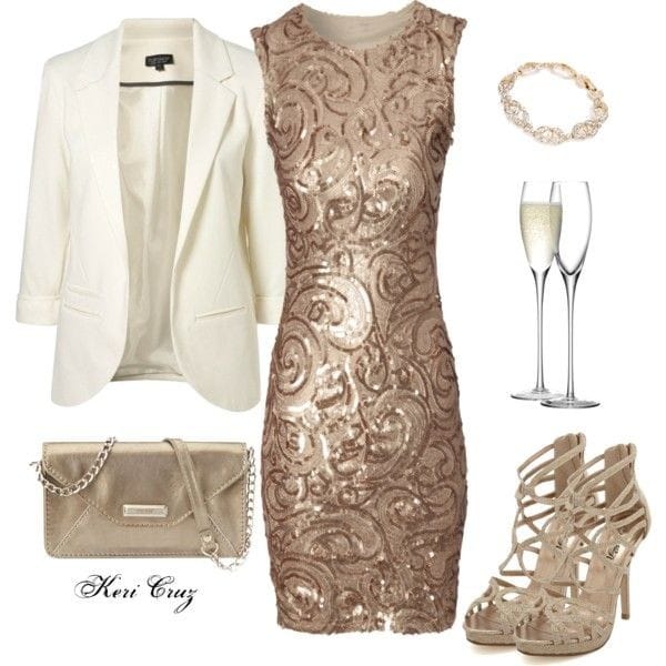 Gold beaded dress and off-white blazer