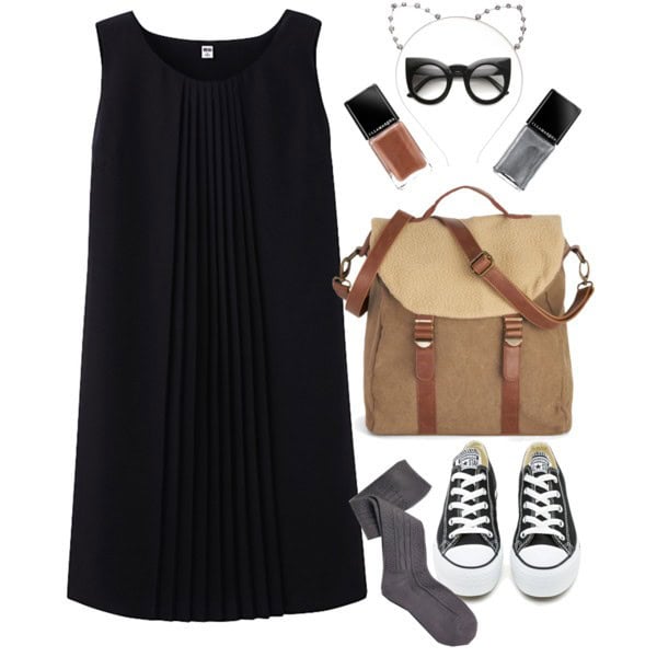 Pleated sleeveless dress and low-top sneakers