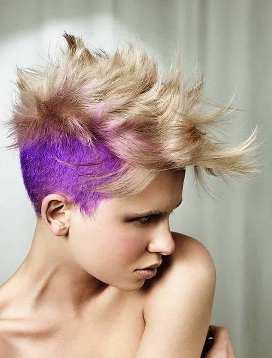 Short and spiky hair with violet sides