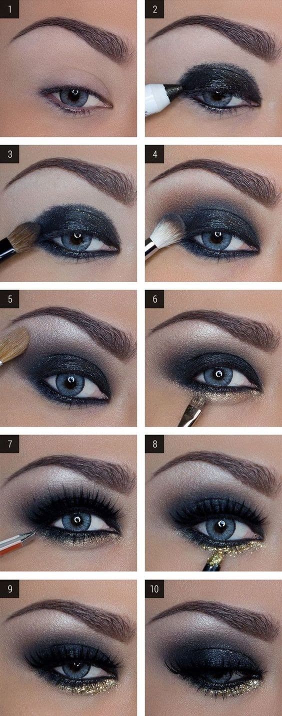 Glittery Black Glam – Step by Step Eyeshadow Tutorial for Blue eyes