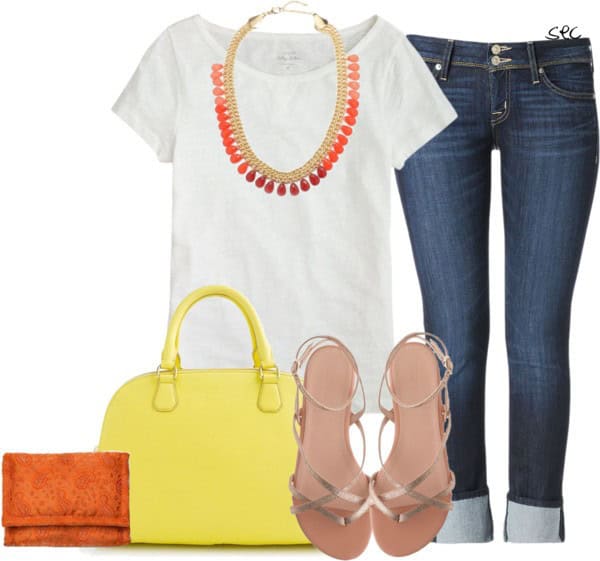 White T-shirt and jeans with bright accessories