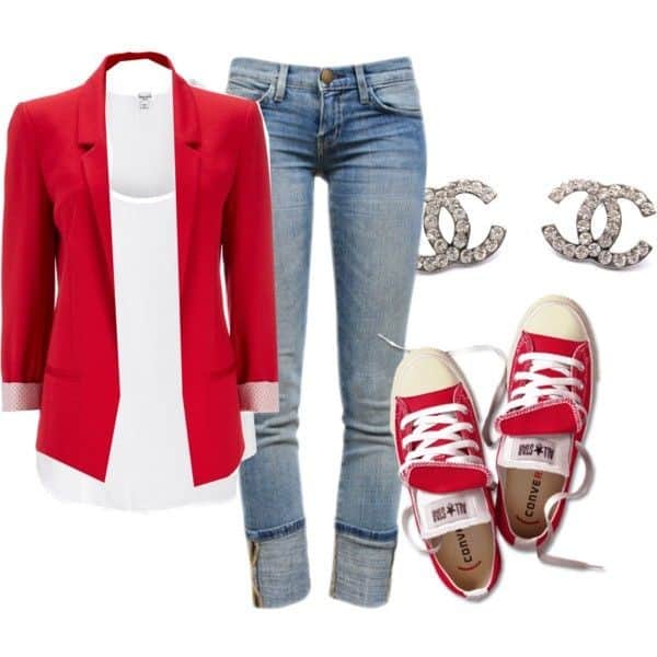 White tank top, red blazer, blue skinny jeans and red sneakers