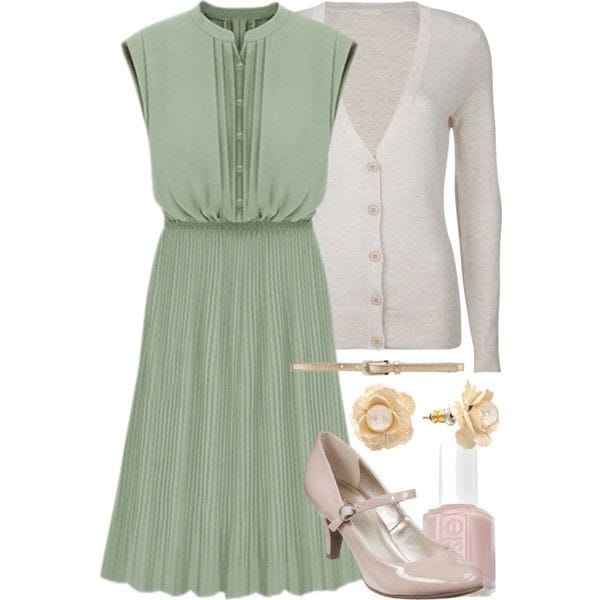 Pleated sleeveless dress and cardigan