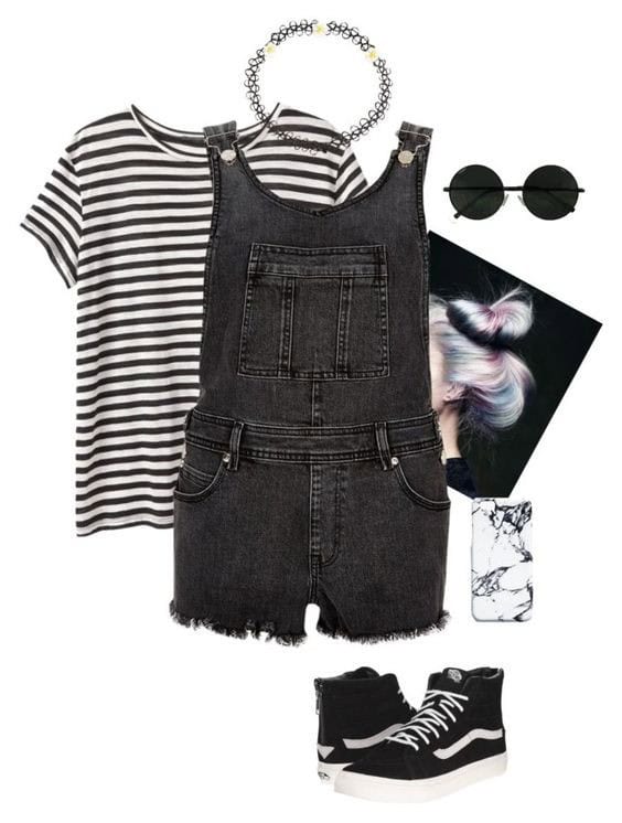 Dungaree Shorts in Black with Stripy Tee