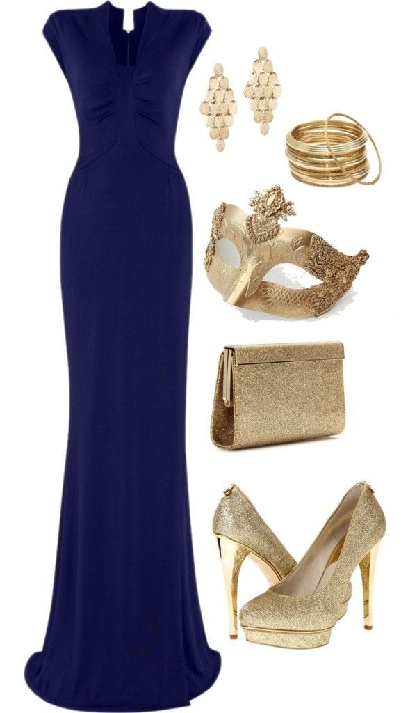 Long royal blue dress with gold accessories