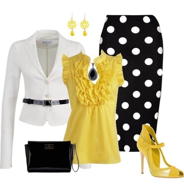 Buttercup ruffle top and black-and-white polka dot pencil skirt