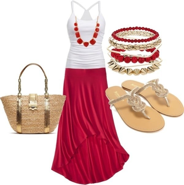 White tank and red asymmetrical maxi skirt