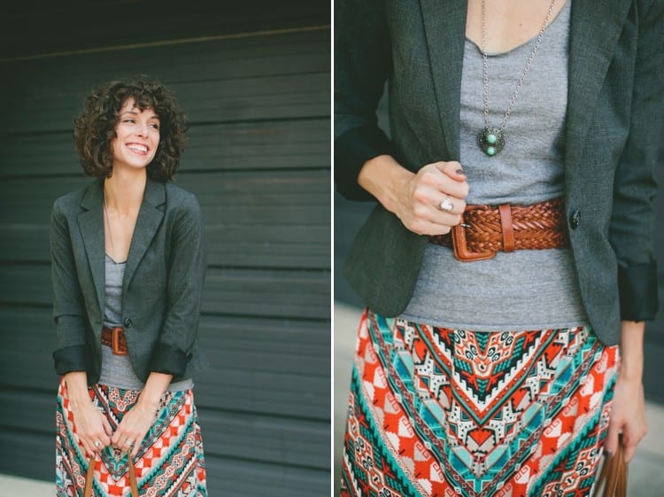 Maxi skirt, blazer and belt